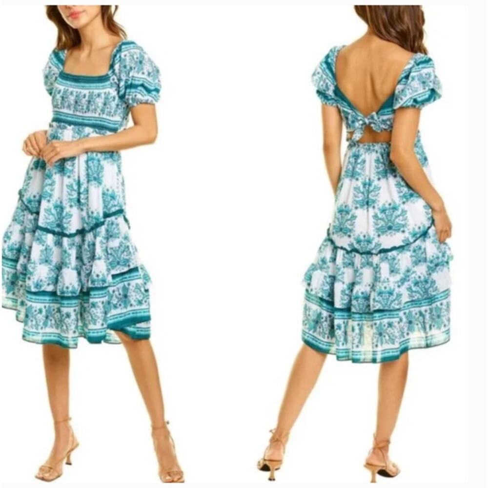 Celina Moon Turquoise White Floral Tiered Puff Sleeve Midi Dress Womens Small